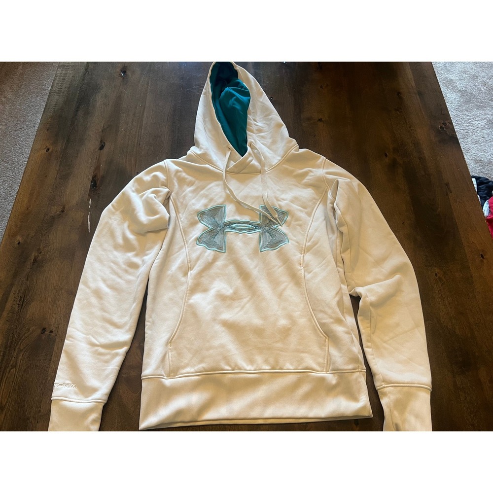 Under Armour Storm ColdGear Hoodie White Teal Embroidered Logo XS Semi-Fitted